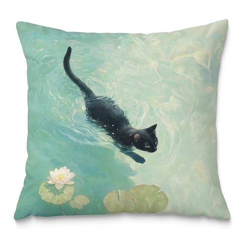 Black Cat Art Painting Throw Pillow Covers 18x18, Aesthetic Cats Decor Pillow Covers for Room Bedroom, Elegant Swimming, Black Cat Decor, Cats Lovers Lady Mom Grandma Gifts - color: Style03