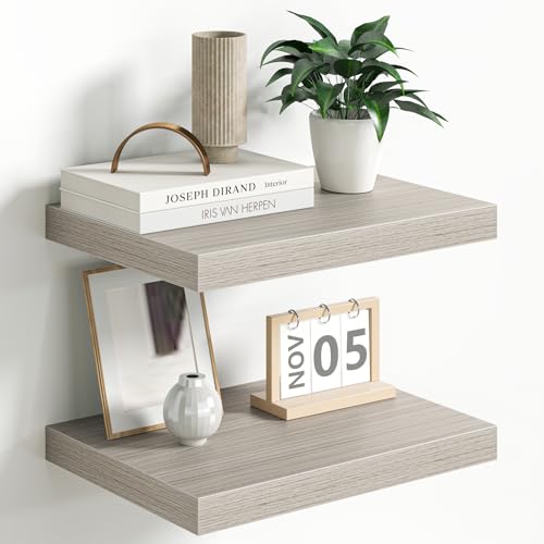 Fun Memories Floating Shelves - 2 Pack 12 Inch Deep Rustic Wooden Wall Shelves - Extra Deeper & Thicker Wall Mounted Storage Shelf for Living Room, Kitchen, Farmhouse - 16" W x 12" D x 1.5" H - Grey - color: Grey, size: 16"L x 12"D