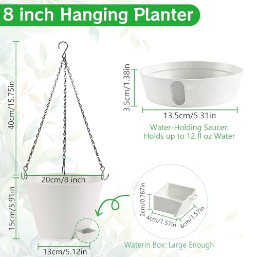 8 Inch Hanging Planters Indoor Outdoor, 3 Pack Plastic Self Watering Plant Pots with Drainage Holes & Saucers, Hanging Baskets Flower Pots with Chain for Ivy, Spider Plant, Pothos, Ferns - color: White