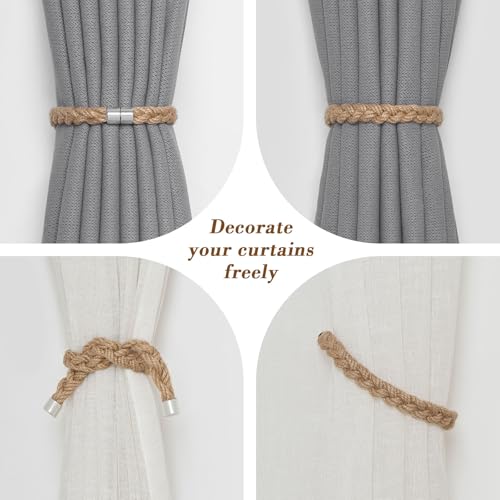 NICEEC 2 Pack Natural Jute Rope Curtain Tiebacks Elegant Boho Style Magnetic Drape Tie Backs Soft Hand-Woven Rope Curtain Holdbacks for Home & Office Drapery (Jute Rope-Thin) - color: Jute Rope-thin, size: 2 Pack