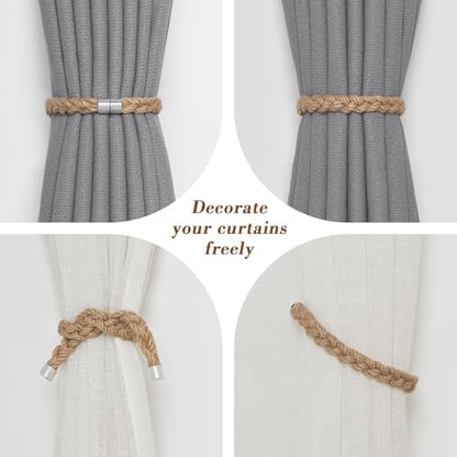 NICEEC 2 Pack Natural Jute Rope Curtain Tiebacks Elegant Boho Style Magnetic Drape Tie Backs Soft Hand-Woven Rope Curtain Holdbacks for Home & Office Drapery (Jute Rope-Thin) - color: Jute Rope-thin, size: 2 Pack