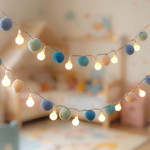 6.56FT Pom Poms Fairy Lights - 20 LED Battery Operated String Lights with Warm White Globe Balls - Cute Indoor Decor for Bedroom Kids Room Playhouse Graduation Birthday Baby Shower - Blue - color: Blue, size: 6.56 FT