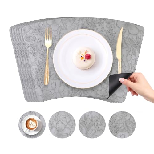 Faux Leather Set of 6, Placemats with Carving Floral Design - color: Gray