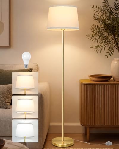 JUNNAI Gold Floor Lamp for Living Room, 61.8" Tall Standing Lamp, Modern Brass Floor Lamp for Bedroom Reading Office Classroom Corner, 3-Color Temperatures, 9W LED Bulb Included - color: Gold+White Shade