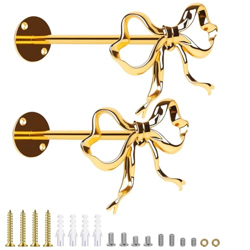 2 Pack Gold Bow Curtain Holdbacks, Solid Metal Wall Mounted Curtain Tiebacks Decorative Drapery Hooks for Living Room Bedroom Office Home