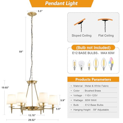 Brass Chandelier 6 Lights with White Fabric Linen Shade 29.52" W Gold Candle Pendant Light Fixture Modern Wagon Wheel Chandeliers for Dining Room Living Room Bedroom