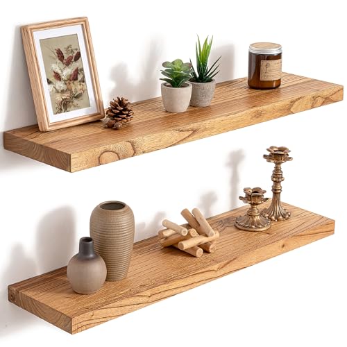 RICHFOCUS 30inch Natural Floating Shelves for Wall, 8" Deep High End Solid Real Wood Wall Shelves for Bathroom, Rustic Wooden Floating Shelves with Invisible Brackets for Books Storage Decor, Set of 2 - color: Natural, size: 30inch