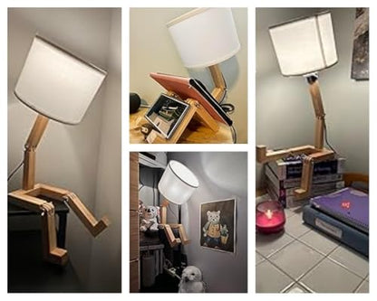 Robot Bedside Lamp, Fabric Lampshade Match Foldable Solid Wood Body, Creative E27 Screw Table Lamp for Bedroom Living Room - style: Modern