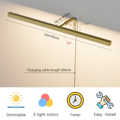 24" LED Picture Light Plug in, 9W Gold Art Light - color: Gold, size: 24 inch