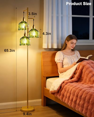 Lightdot Green Glass Floor Lamp Dimmable with LED Bulbs & Flower Shade - color: 3 Green Glass-Gold I
