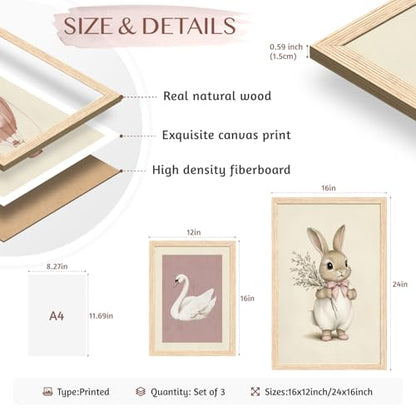 Hianan Wood Framed Pink Cute Bunny Nursery Wall Art Set of 3, 16x24 in - color: Bunny(Wood), size: 24"L x 16"W