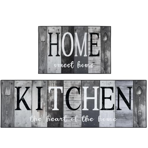 Kitchen Rugs Set of 2 Non Slip WashableFarmhouse Vintage - color: Black Gray 1