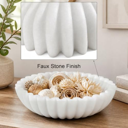 White Marble Style Decorative Bowl, Entryway Console Centerpiece - color: White - Scalloped
