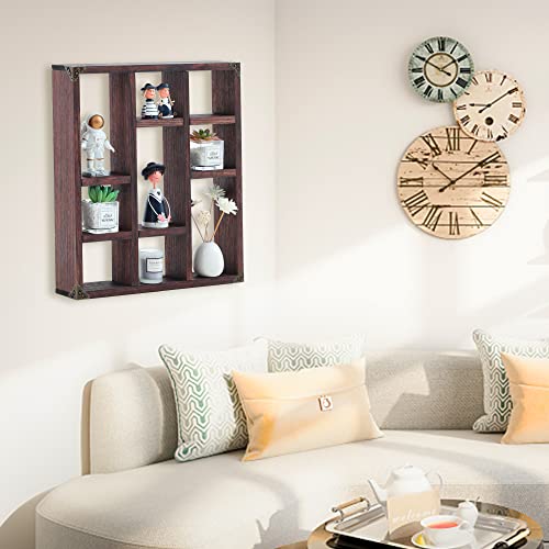 17.7x15.7-Inch Shadow Box Shelf 9-Slot Rustic Floating Shelves Larger Wall Mounted Shelf Lightweight Solid Wood Display Shelf Freestanding Farmhouse(9C-Rustic Walnut) - color: 9c-rustic Walnut, size: 1 PCS