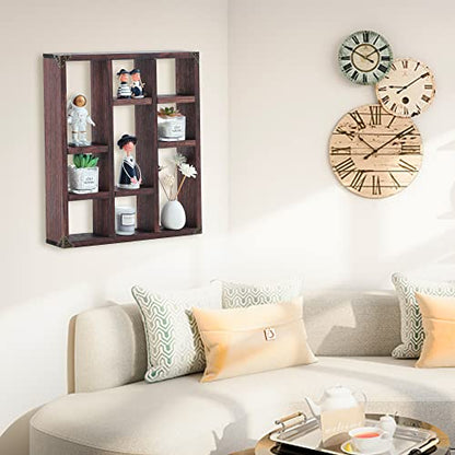 17.7x15.7-Inch Shadow Box Shelf 9-Slot Rustic Floating Shelves Larger Wall Mounted Shelf Lightweight Solid Wood Display Shelf Freestanding Farmhouse(9C-Rustic Walnut) - color: 9c-rustic Walnut, size: 1 PCS