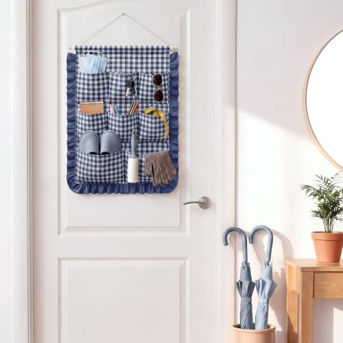 Amyhill Gingham Wall Hanging Organizer with Pocket Ruffled, Navy Blue - color: Navy Blue