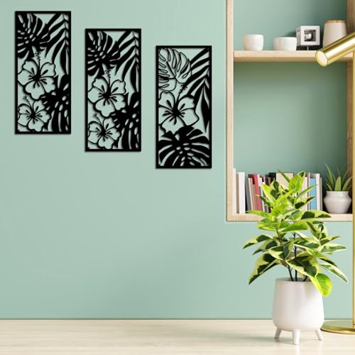 Palm Leaves Metal Wall Decor 3 Pcs Tropical Wall Art Hibiscus Flowers Decor - color: Black Style