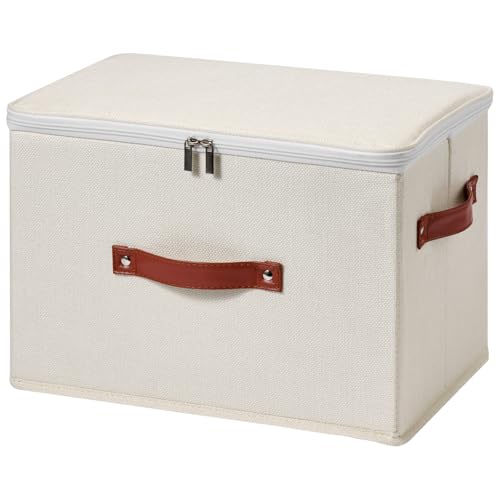 Storage Bin Box with Zippered Lid Decorative Collapsible Basket - color: Beige, size: Large ( Pack of 1 )