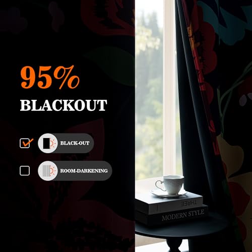 MYSKY HOME Black Boho Floral Blackout Curtains 84 inch Length 2 Panels Set for Living Room Thermal Insulated Privacy Protect Black Out Flower Patterned Grommet Drape for Bedroom Dining Room, 52" x 84" - color: Z-black Boho Floral, size: 52"W x 84"L (Pack