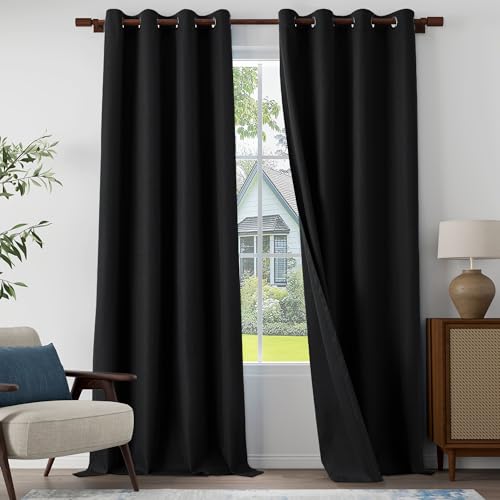 100% Blackout Linen Textured Curtains 108 Inch Length 2 Panels Set for Living room, Bedroom, Light Weight Curtains with Grommets Top, Full Blackout Curtains Privacy Protection, Black, 52" W x 108" L - color: Black, size: 52"W x 108"L (Pack of 2)