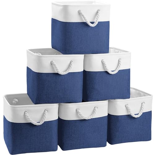 FinishingBo 11 inch Cube Storage Bin with Handles 6 Pack - color: White/Navy Blue-6 Pack