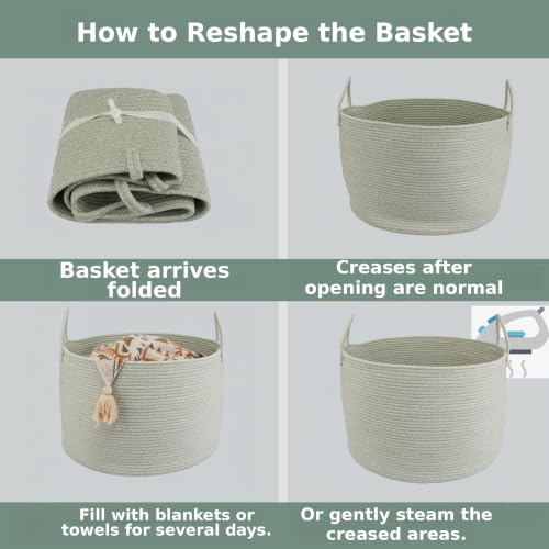XUANGUO 66L Large Blanket Basket, Round Cotton Rope Basket, Light Green - color: light green
