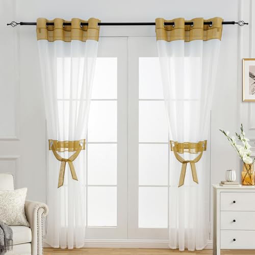 L.Z.E White and Gold Sheer Curtains 96 Inches Long 2 Panels Set,Transparent See Through Curtains for Living Room Bedroom with Tiebacks Grommet Top Curtain & Drapes (56" W x 96" L Gold) - color: Gold, size: 56"W x 96"L (Pack of 2)