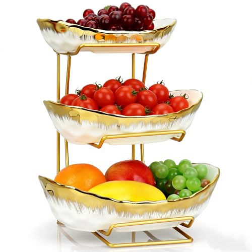 3 Tier Fruit Bowl for Kitchen Counter, Gold Trim Ceramic Fruit Stand Basket for Countertop, Fruit Rack with Thickened Metal Holder, Vegetable Bowl Dessert Nuts Bread Candy Storage (Gold Trim) - color: Gold Trim