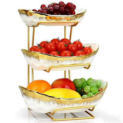 3 Tier Fruit Bowl for Kitchen Counter, Gold Trim Ceramic Fruit Stand Basket for Countertop, Fruit Rack with Thickened Metal Holder, Vegetable Bowl Dessert Nuts Bread Candy Storage (Gold Trim) - color: Gold Trim