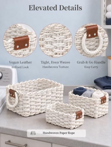 Small Wicker Baskets, 3 PCS Paper Rope Baskets for Shelves, White - color: White