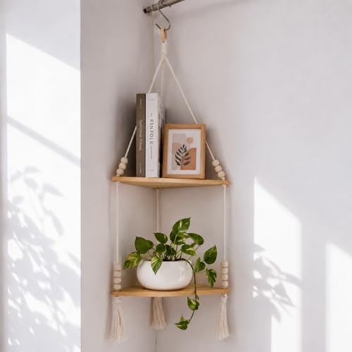 Artilady Macrame Wall Hanging Corner Shelf, Adjust Boho Storage Wall Decor - color: Beige 2-tier