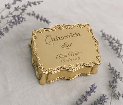 Cherished Moments Personalized Quinceañera Rectangle Jewelry Box - color: Gold Quinceanera