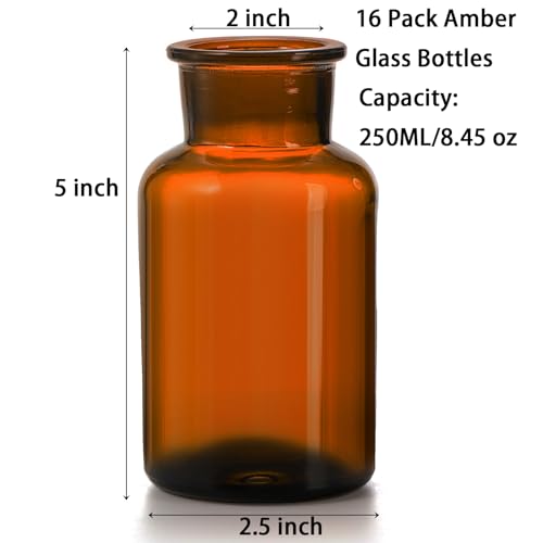 TOPZEA Set of 16 Amber Glass Bud Vases, 8.5 oz Small Brown Bud Vase Bulk Boho Glass Vase Decorative Medicine Bottle Vintage Apothecary Jar for Flower, Wedding Reception, Table Centerpieces, Home Decor - size: 250 ml
