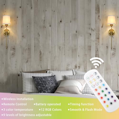 Battery Operated Sconces Wall Lighting Set of 2 with Fabric Shade