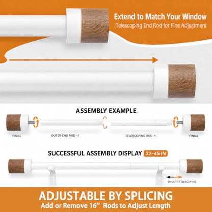 1 Pack Boho Rustic Adjustable Wood Curtain Rod 32-45 Inch, White - color: White, size: 32"-45"|1 PACK