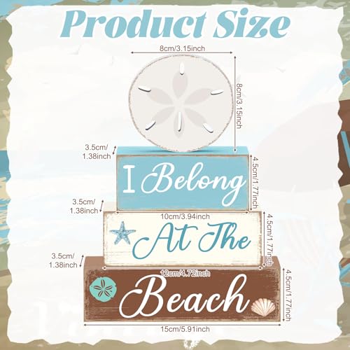 GlikCeil 4 Pcs Beach Coastal Tiered Tray Decor Summer Sand Dollars Wooden Table Centerpieces Blocks Wooden Ocean Blocks Decorations Table Top Sign Decor for Farmhouse, Beach House, Tables Centerpiece - style: Coastal