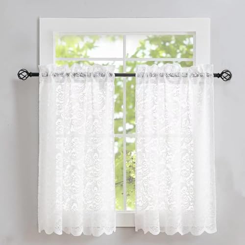 ALIGOGO Lace Cafe Curtains 30 inch Length - Privacy Mini Curtain for Bathroom Window Front Door, Elegant Short Half Scalloped Cabinet Curtains for Small Windows 2 Panels, 26" x 30" White - color: White 1, size: 26"W x 30"L (Pack of 2)