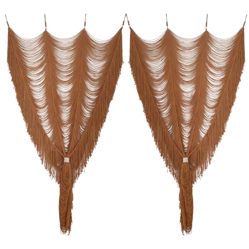 2 Panels Macrame Curtains 59" W x 75" H Handwoven Brown Room Divider Door - color: Khaki *2