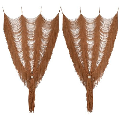 2 Panels Macrame Curtains 59" W x 75" H Handwoven Brown Room Divider Door - color: Khaki *2