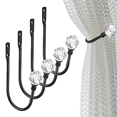 Crystal Curtain Holdbacks, Black Curtain Tieback Hooks Metal Decorative Curtain Pull Backs 4 Pack Heavy Duty Modern Drapery Tiebacks U Shaped Window Drape Holder - color: Black-4 Pack
