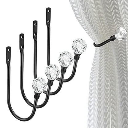 Crystal Curtain Holdbacks, Black Curtain Tieback Hooks Metal Decorative Curtain Pull Backs 4 Pack Heavy Duty Modern Drapery Tiebacks U Shaped Window Drape Holder - color: Black-4 Pack