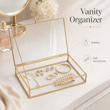 Feyarl Gold Glass Photo Cards Display Box Jewelry Trinket Ring Earring Post Cards Decorative Keepsake Box for Wedding Home Deco Dresser Coffee Table (8.66 x 5.9 x 1.96inch)