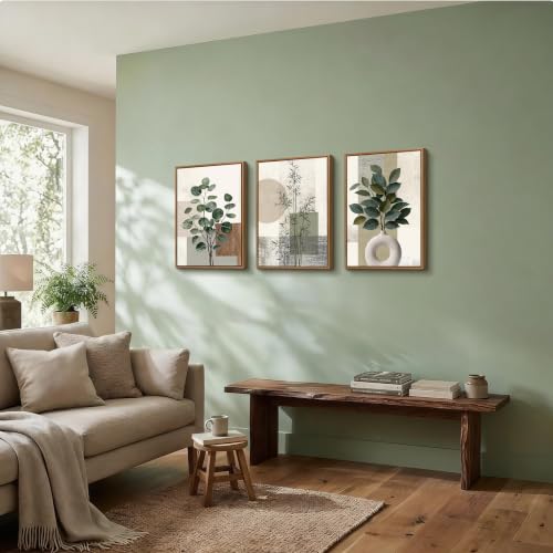 3 Pcs Framed Sage Green Boho Botanical Neutral Abstract Canvas Wall Art - color: Eucalyptus Bamboo Plant, size: 16"x24"x3Pcs