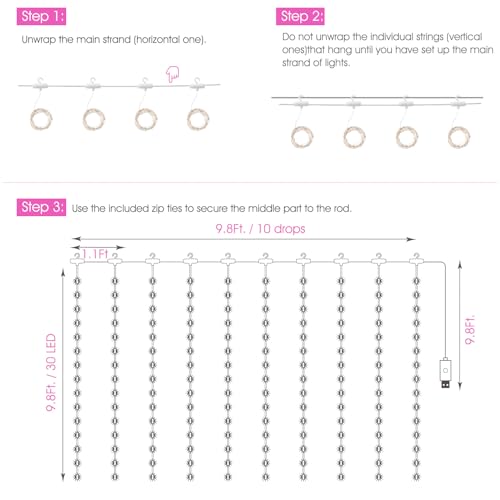 Minetom Curtain Lights, 300 LED Dimmable Twinkle Fairy Lights, 8 Modes - color: Pink, size: 1 Pack