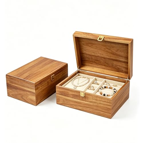 2-Piece Acacia Wooden Keepsake Storage Box with Flip-Top, Natural Color