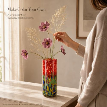 9.45in H Sea Glass Cylinder Vase Unique Hand Blown Glass Vase for Flower - color: Red Green
