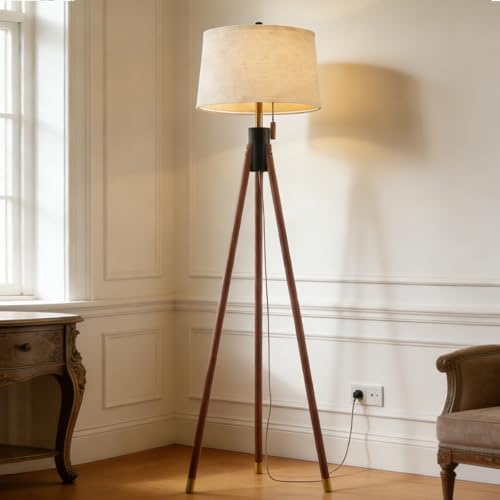 MOFFE Mid Century Tripod Floor Lamp with Pull Chain,Black & Gold Finish - color: Espresso Walnut
