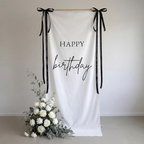 Tingjoo 27x78" Happy Birthday Banner White, Black Backdrop Bow Hanging - color: White, Black, style: Happy Birthday
