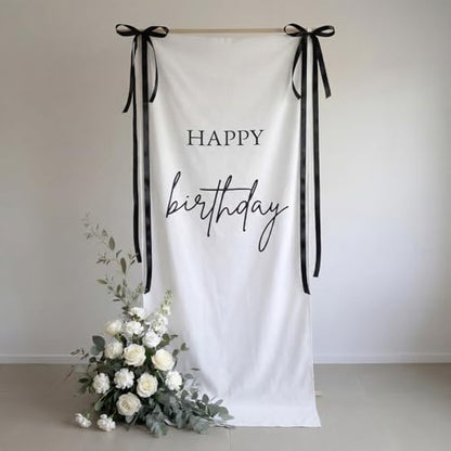 Tingjoo 27x78" Happy Birthday Banner White, Black Backdrop Bow Hanging - color: White, Black, style: Happy Birthday