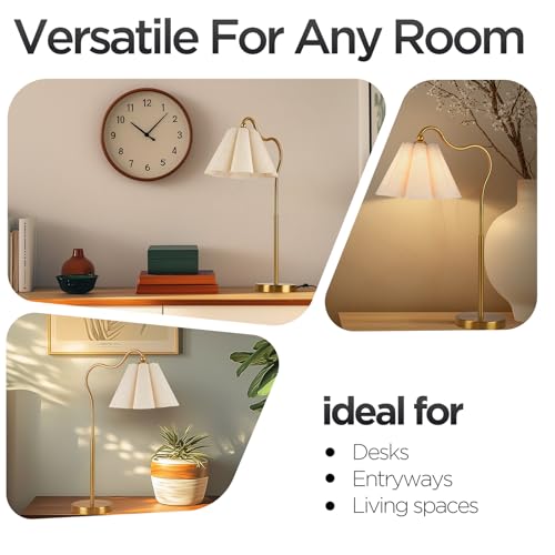Table Lamp with Beige Pleated Linen Shade, Curved Gold Metal Base, E26 Socket – 23" Tall Modern Bedside Desk Lamp for Bedroom, Living Room, Office – Bulb Not Included - color: Gold